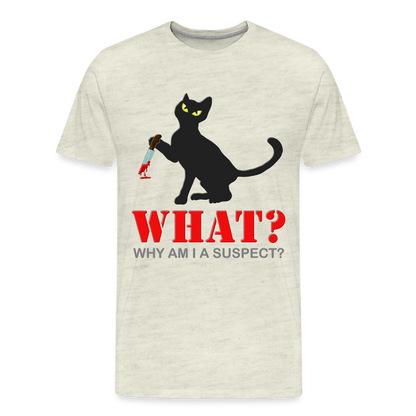 Halloween Cat Shirt, Why Am I A Suspect Shirt, Murderous Cat With Knife T-Shirt, Murderous Cat Shirt, Mens Premium T-Shirt - heather oatmeal
