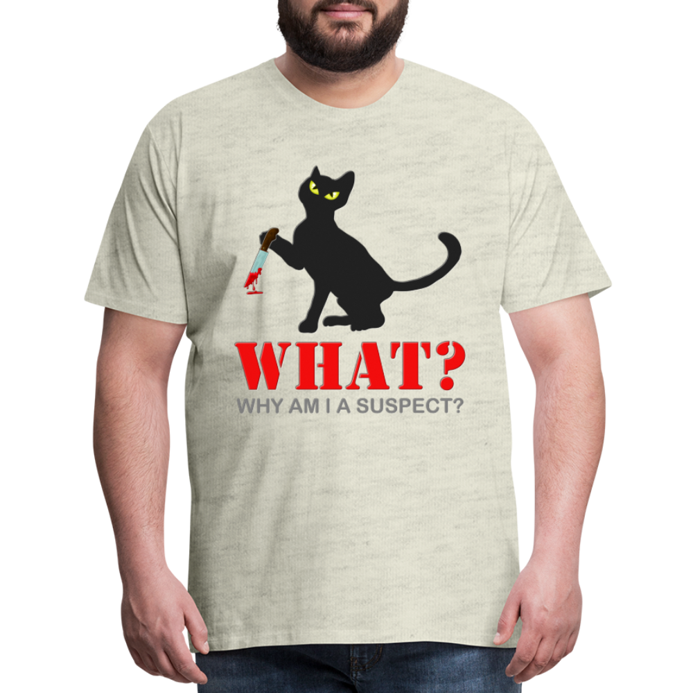Halloween Cat Shirt, Why Am I A Suspect Shirt, Murderous Cat With Knife T-Shirt, Murderous Cat Shirt, Mens Premium T-Shirt - heather oatmeal