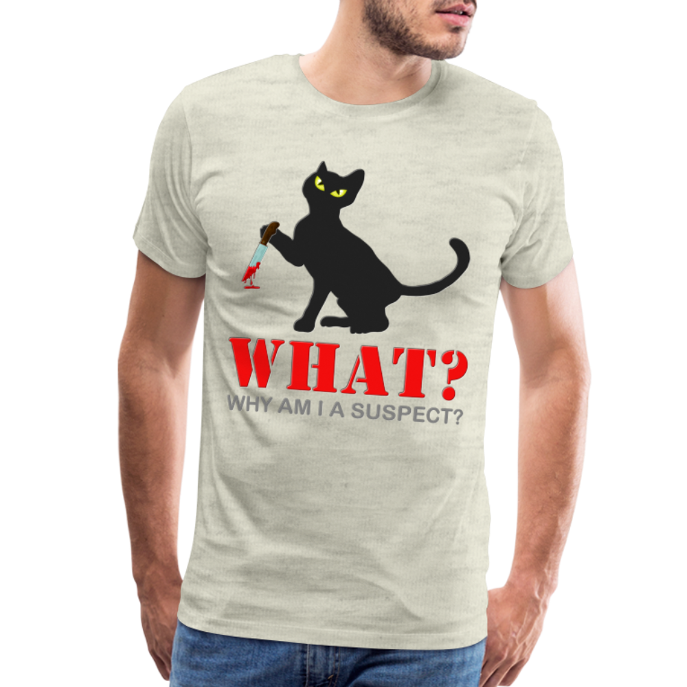 Halloween Cat Shirt, Why Am I A Suspect Shirt, Murderous Cat With Knife T-Shirt, Murderous Cat Shirt, Mens Premium T-Shirt - heather oatmeal
