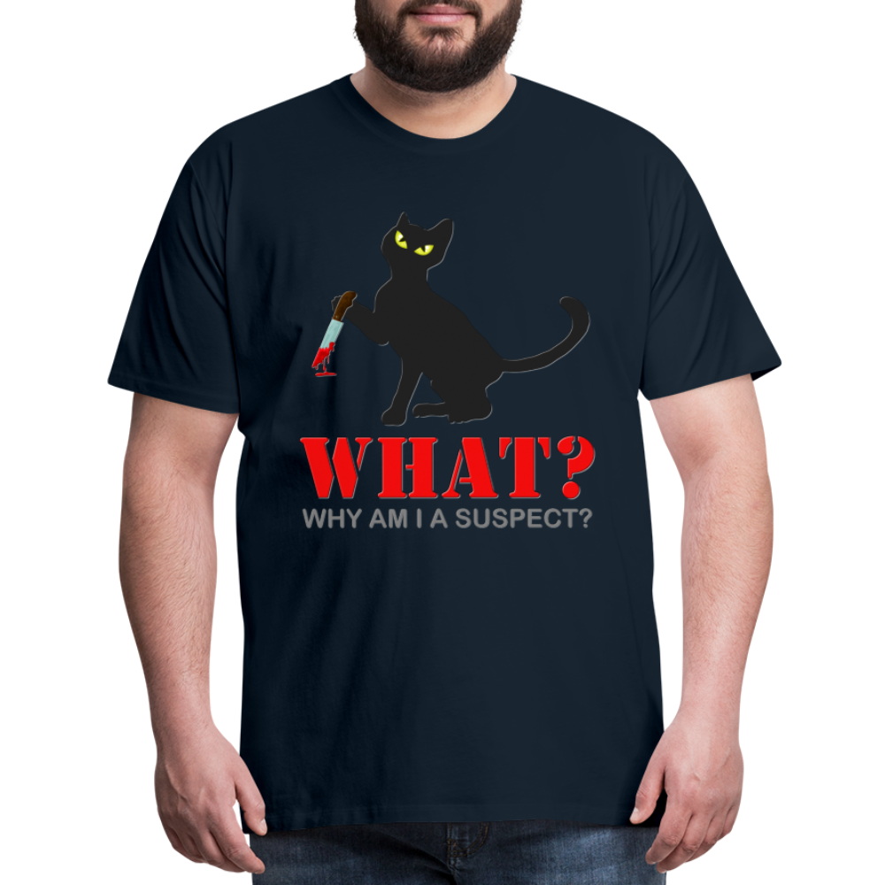 Halloween Cat Shirt, Why Am I A Suspect Shirt, Murderous Cat With Knife T-Shirt, Murderous Cat Shirt, Mens Premium T-Shirt - deep navy