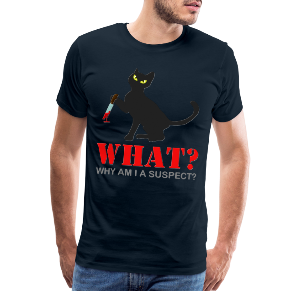 Halloween Cat Shirt, Why Am I A Suspect Shirt, Murderous Cat With Knife T-Shirt, Murderous Cat Shirt, Mens Premium T-Shirt - deep navy