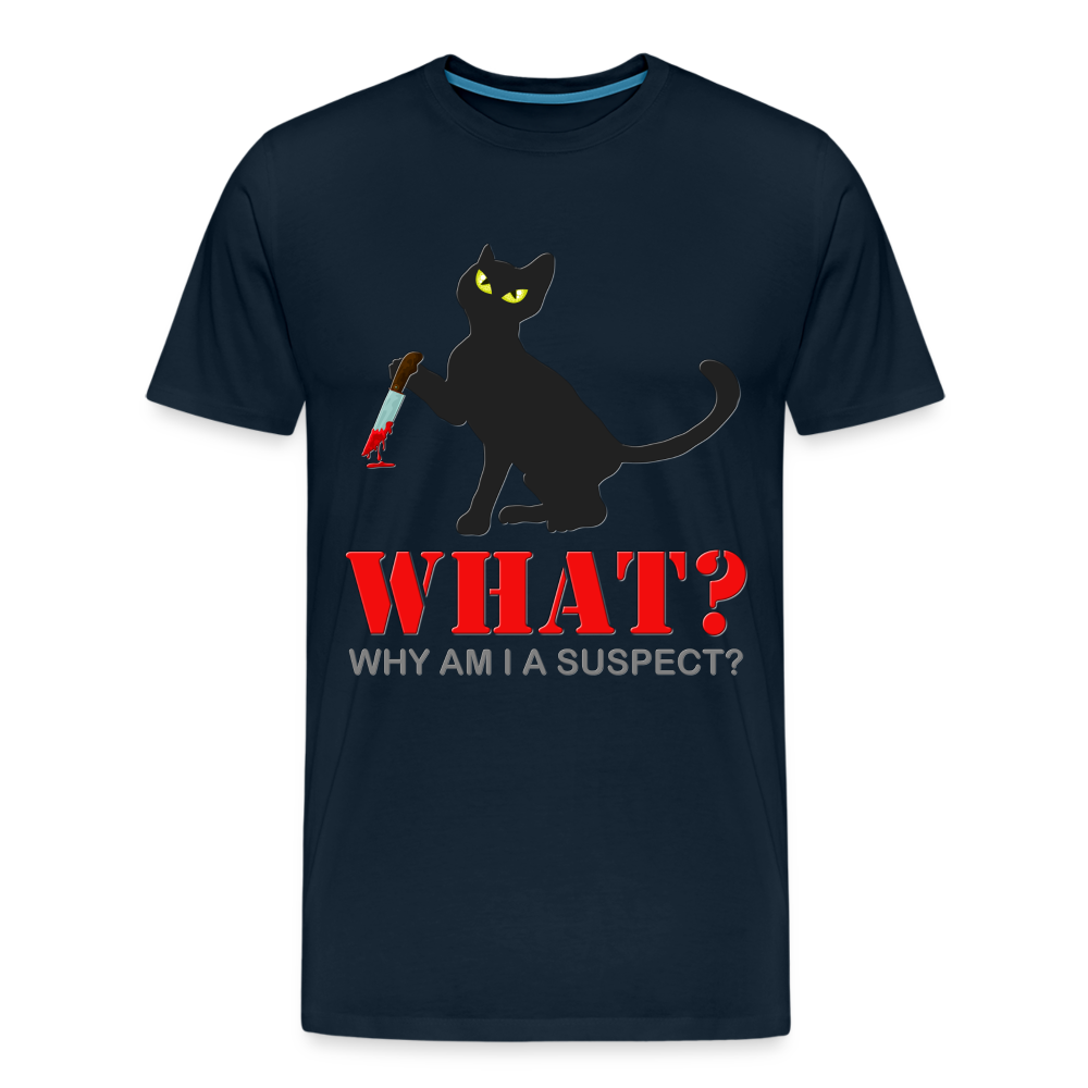 Halloween Cat Shirt, Why Am I A Suspect Shirt, Murderous Cat With Knife T-Shirt, Murderous Cat Shirt, Mens Premium T-Shirt - deep navy