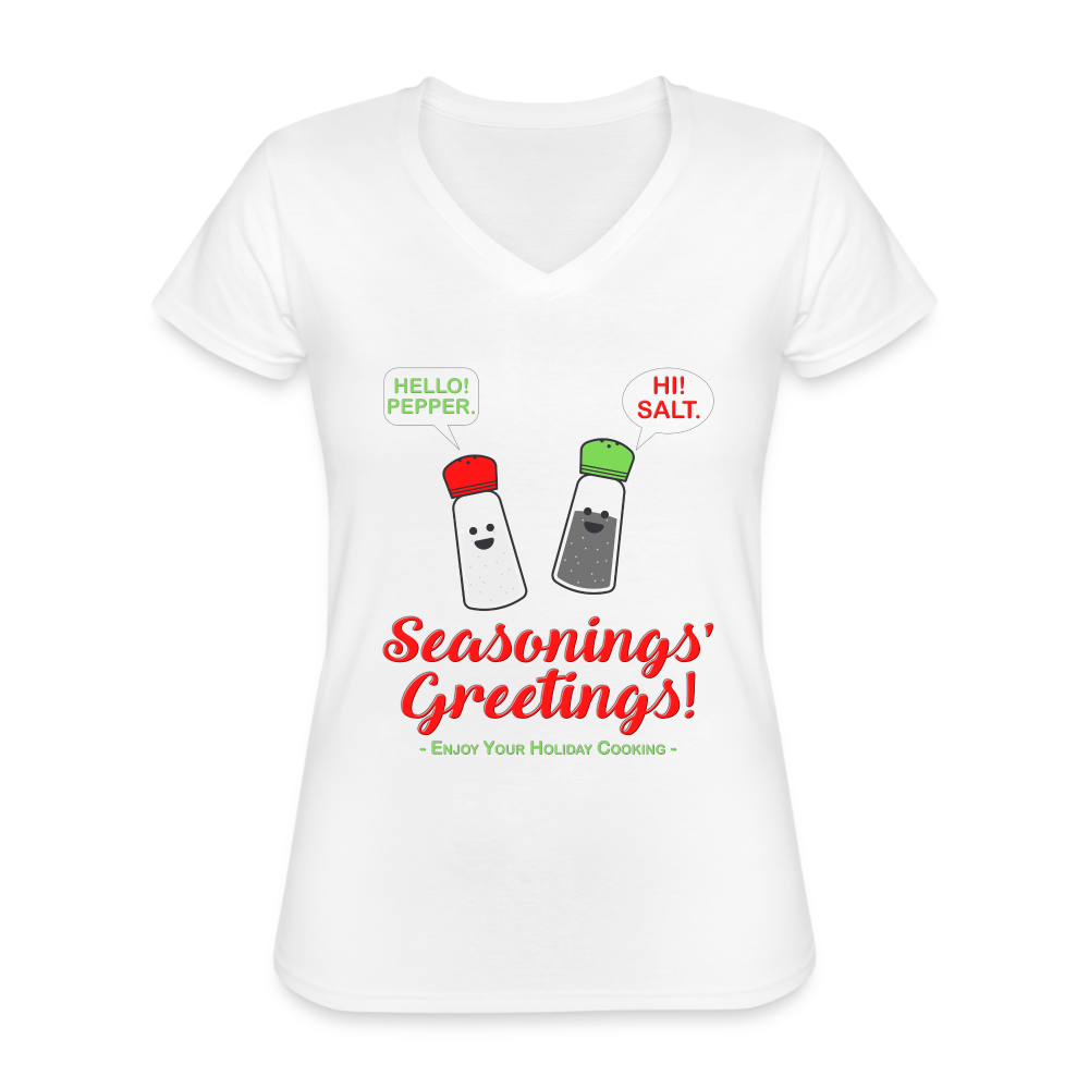 Seasonings Greetings Shirt, Salt Pepper Shaker Shirt, Funny Happy New Year Christmas Holiday Shirt, Foodie Chef Cook Food Gift Idea T-Shirt - white