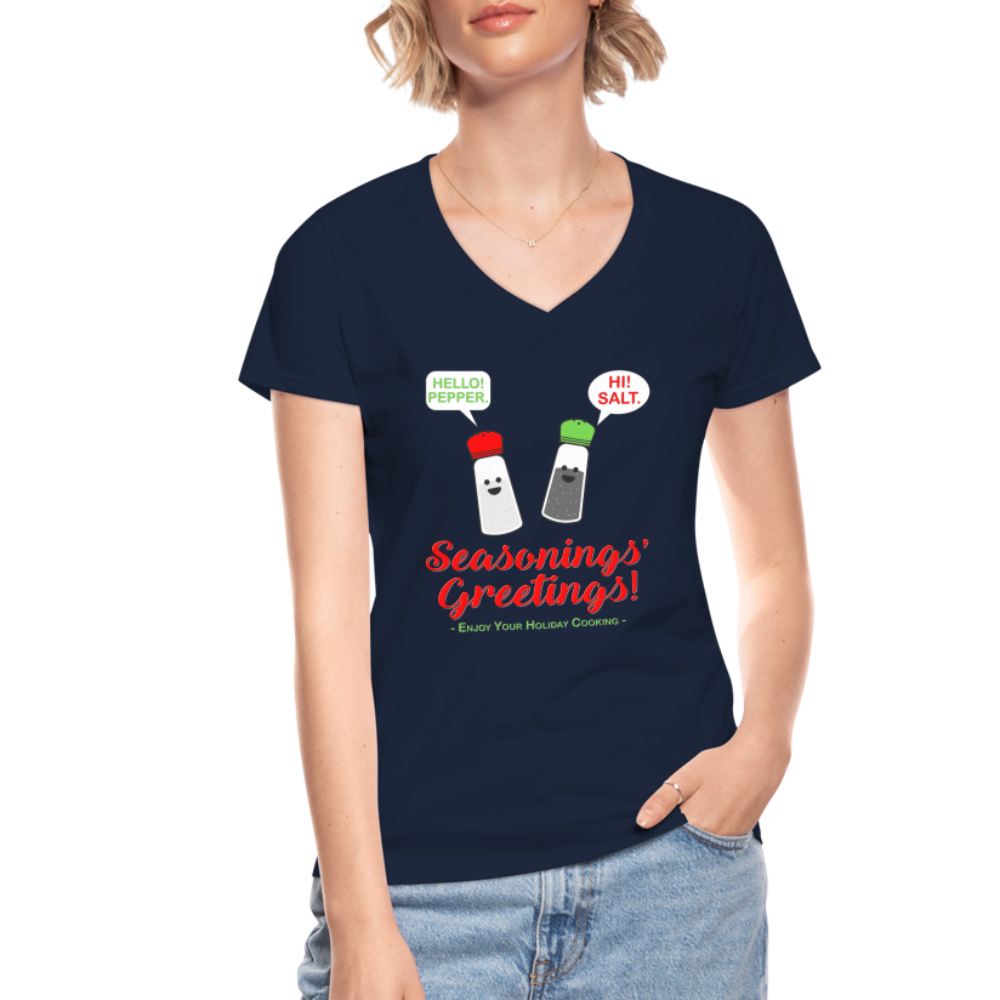 Seasonings Greetings Shirt, Salt Pepper Shaker Shirt, Funny Happy New Year Christmas Holiday Shirt, Foodie Chef Cook Food Gift Idea T-Shirt - navy