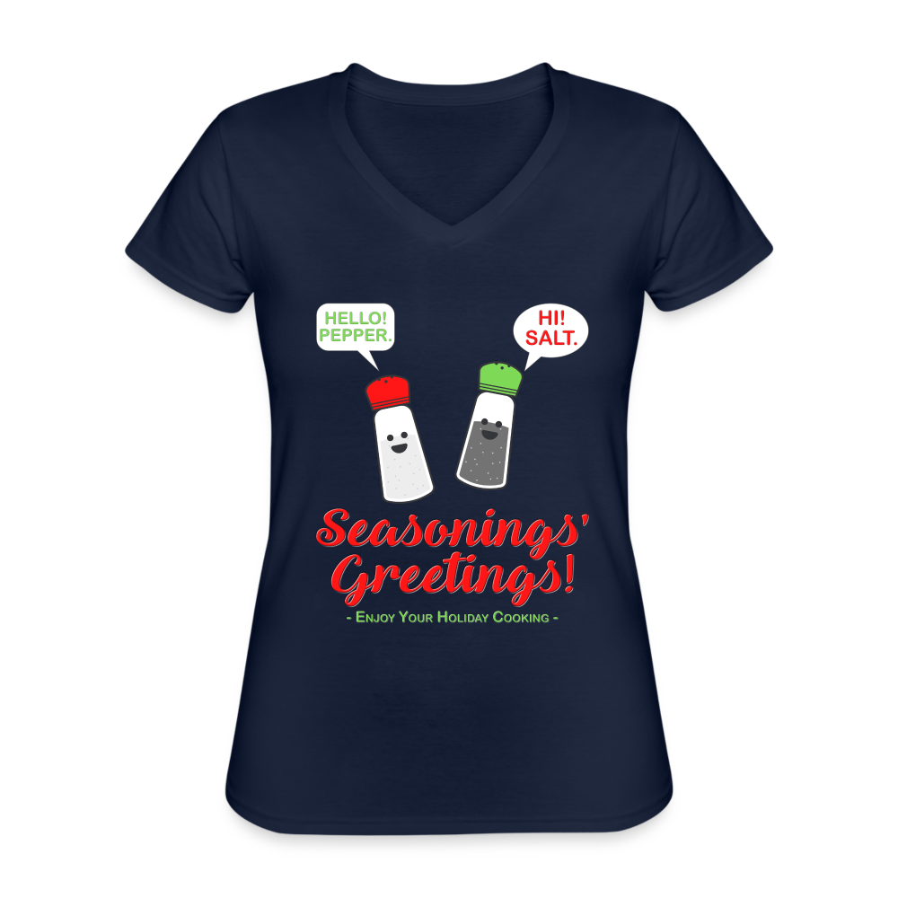 Seasonings Greetings Shirt, Salt Pepper Shaker Shirt, Funny Happy New Year Christmas Holiday Shirt, Foodie Chef Cook Food Gift Idea T-Shirt - navy