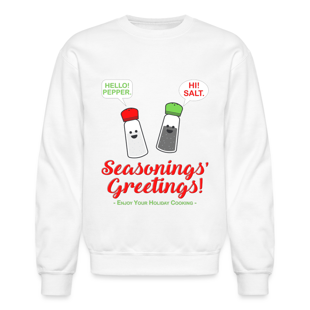 Seasonings Greetings Sweater, Salt Pepper Shaker Sweater, Funny Happy New Year Christmas Holiday Sweater, Foodie Chef Cook Food Gift Idea Crew neck Sweatshirt - white