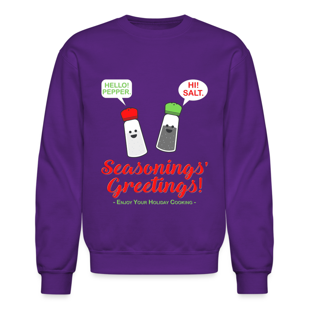 Seasonings Greetings Sweater, Salt Pepper Shaker Sweater, Funny Happy New Year Christmas Holiday Sweater, Foodie Chef Cook Food Gift Idea Crew neck Sweatshirt - purple