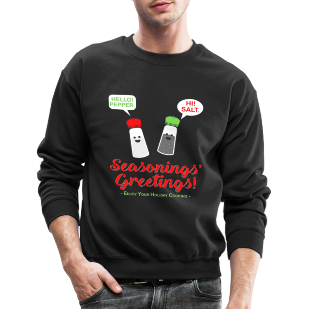 Seasonings Greetings Sweater, Salt Pepper Shaker Sweater, Funny Happy New Year Christmas Holiday Sweater, Foodie Chef Cook Food Gift Idea Crew neck Sweatshirt - black