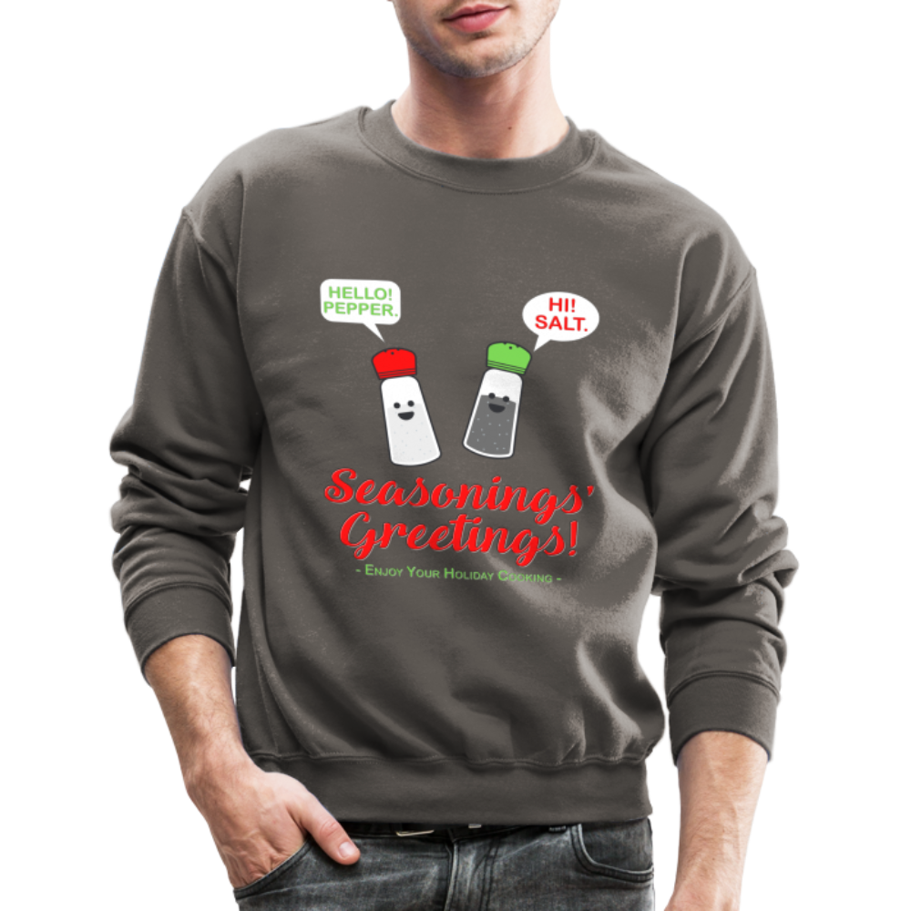 Seasonings Greetings Sweater, Salt Pepper Shaker Sweater, Funny Happy New Year Christmas Holiday Sweater, Foodie Chef Cook Food Gift Idea Crew neck Sweatshirt - asphalt gray