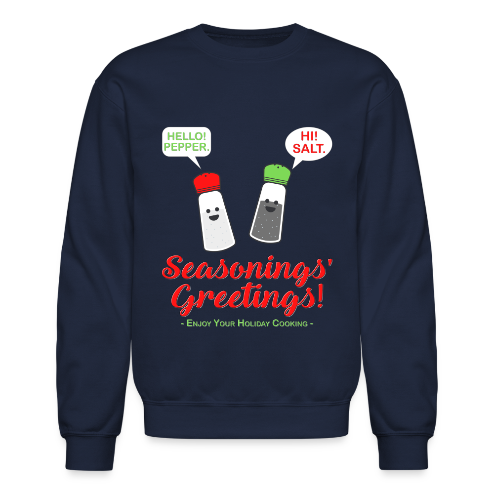 Seasonings Greetings Sweater, Salt Pepper Shaker Sweater, Funny Happy New Year Christmas Holiday Sweater, Foodie Chef Cook Food Gift Idea Crew neck Sweatshirt - navy
