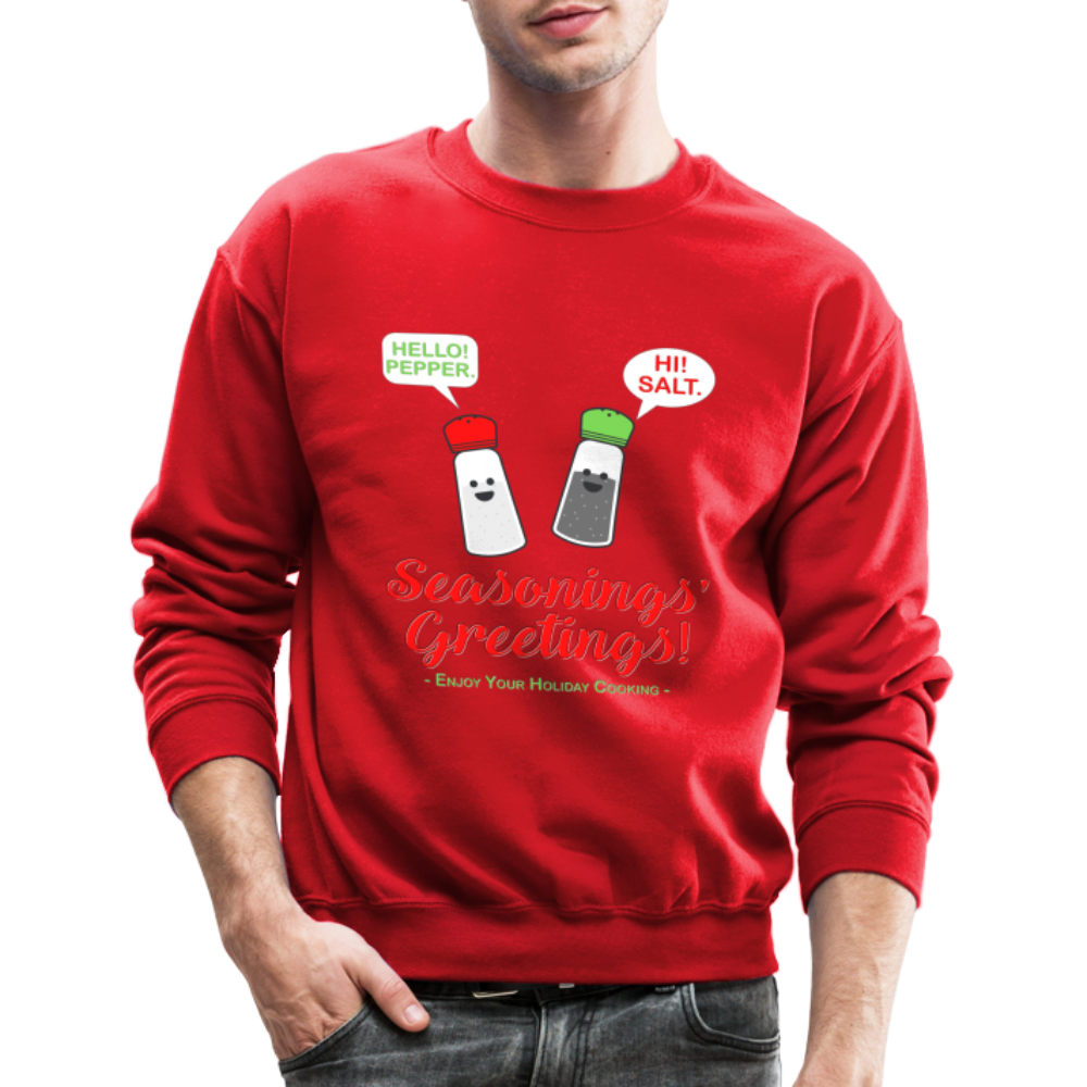 Seasonings Greetings Sweater, Salt Pepper Shaker Sweater, Funny Happy New Year Christmas Holiday Sweater, Foodie Chef Cook Food Gift Idea Crew neck Sweatshirt - red