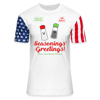 Seasonings Greetings Shirt, Salt Pepper Shaker Shirt, Funny Happy New Year Christmas Holiday Shirt, Foodie Chef Cook Food Gift Idea Adult Stars & Stripes T-Shirt | LAT Code Five™ 3976 - white