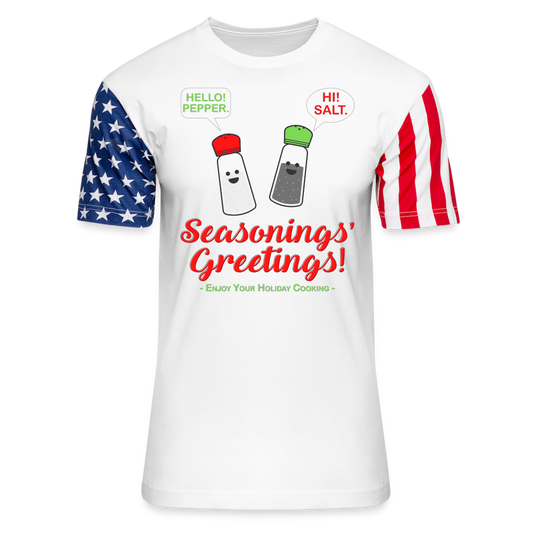 Seasonings Greetings Shirt, Salt Pepper Shaker Shirt, Funny Happy New Year Christmas Holiday Shirt, Foodie Chef Cook Food Gift Idea Adult Stars & Stripes T-Shirt | LAT Code Five™ 3976 - white