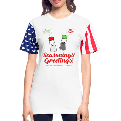 Seasonings Greetings Shirt, Salt Pepper Shaker Shirt, Funny Happy New Year Christmas Holiday Shirt, Foodie Chef Cook Food Gift Idea Adult Stars & Stripes T-Shirt | LAT Code Five™ 3976 - white