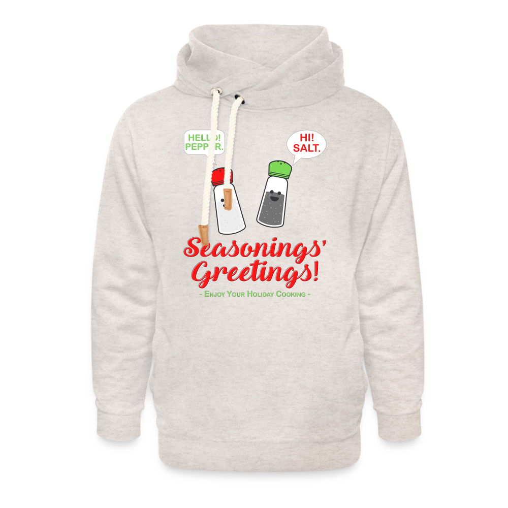 Seasonings Greetings Hoodie, Salt Pepper Shaker Hoodie, Funny Happy New Year Christmas Holiday Hoodie, Foodie Chef Cook Food Gift Idea Shawl Collar Hoodie - heather oatmeal