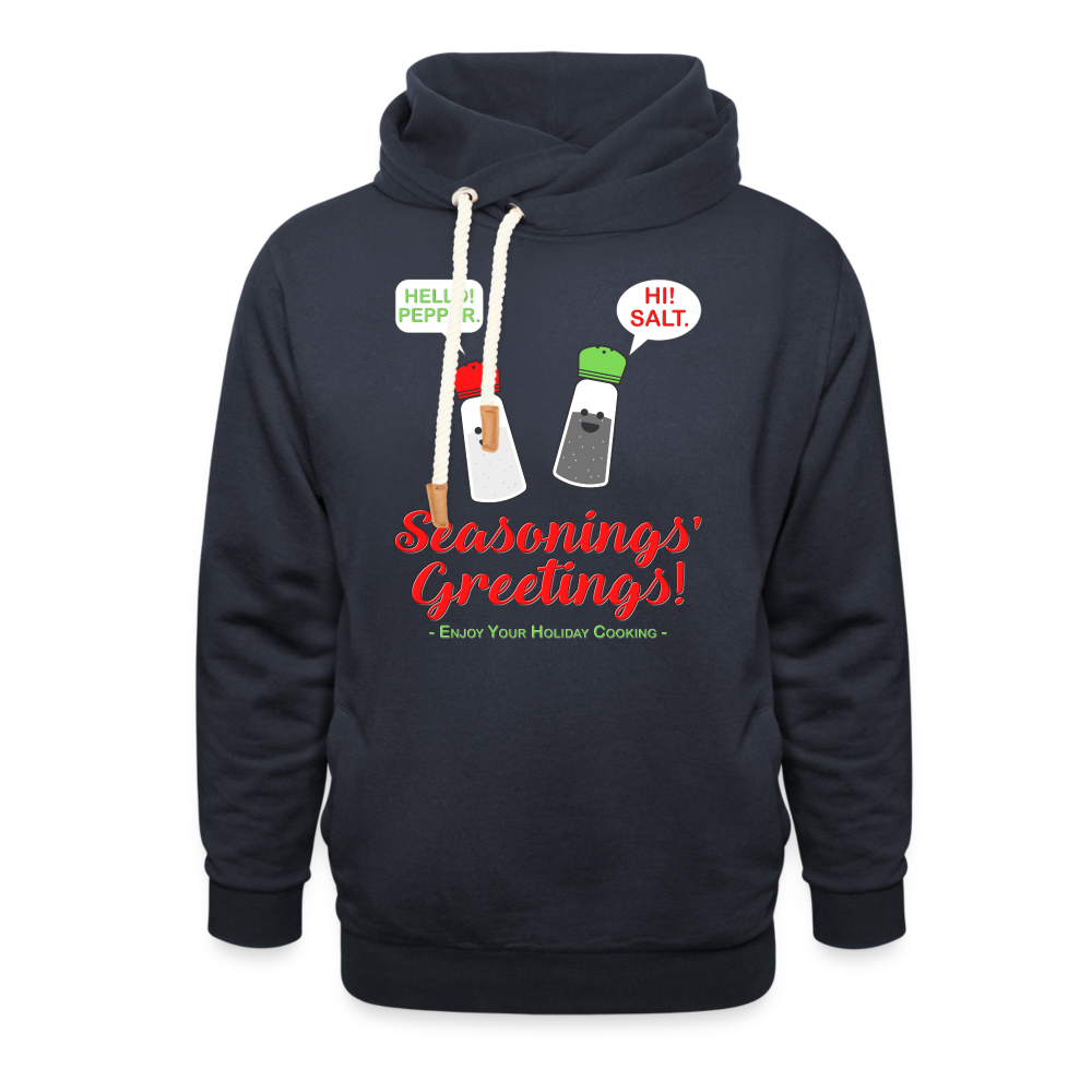 Seasonings Greetings Hoodie, Salt Pepper Shaker Hoodie, Funny Happy New Year Christmas Holiday Hoodie, Foodie Chef Cook Food Gift Idea Shawl Collar Hoodie - navy