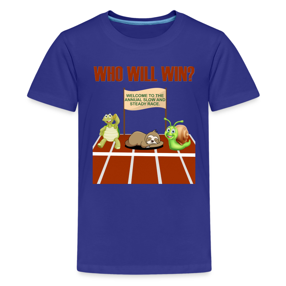 Who Will Win Shirt, Sloth Shirt, Turtle Shirt, Snail Shirt, Track and Field, Gift For Her, Gift For Him, Slow And Steady Race - royal blue