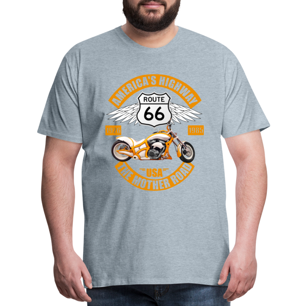 Route 66 Shirt, America's Road, Fathers Day Gift, Mother Road, Route 66 T-Shirt, Road Trip Shirt, Route 66 USA Motorcycle Biker Souvenir Tee - heather ice blue
