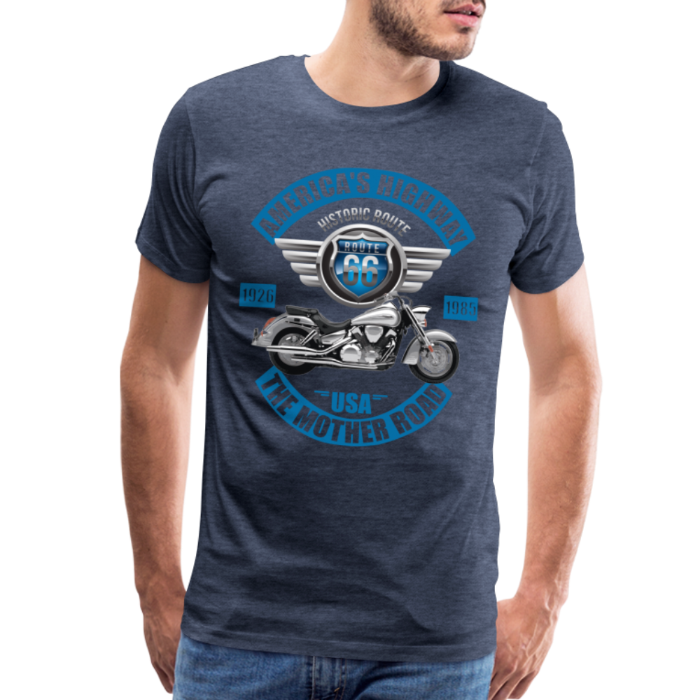 America's Road, Route 66 Shirt, Fathers Day Gift, Mother Road, Route 66 T-Shirt, Road Trip Shirt, Route 66 USA Motorcycle Biker Souvenir Tee - heather blue