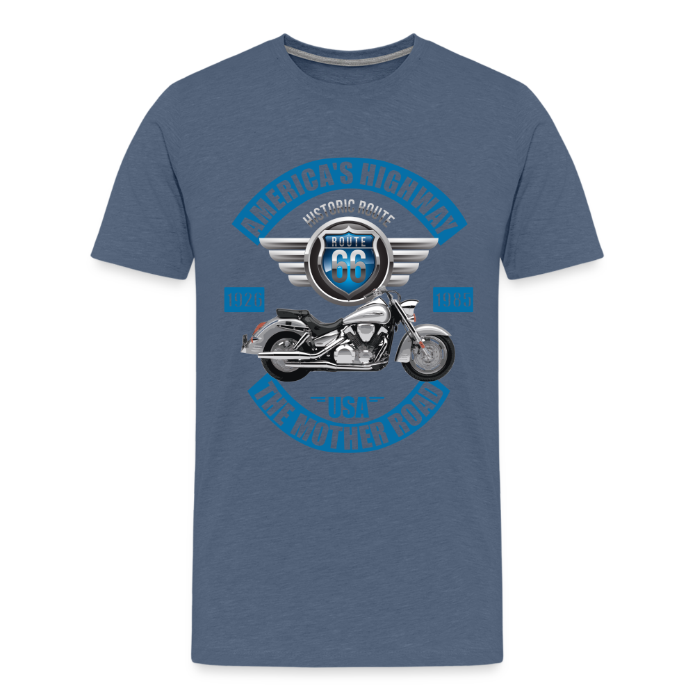 America's Road, Route 66 Shirt, Fathers Day Gift, Mother Road, Route 66 T-Shirt, Road Trip Shirt, Route 66 USA Motorcycle Biker Souvenir Tee - heather blue