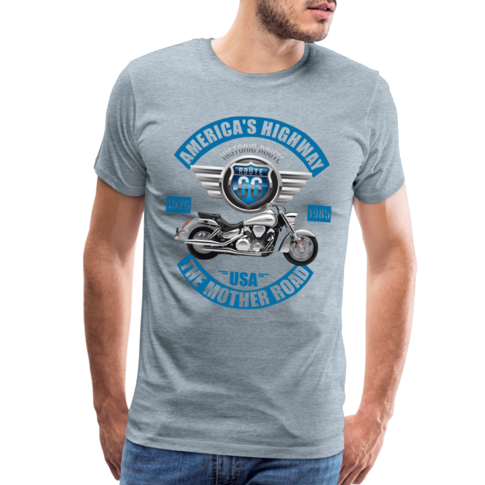 America's Road, Route 66 Shirt, Fathers Day Gift, Mother Road, Route 66 T-Shirt, Road Trip Shirt, Route 66 USA Motorcycle Biker Souvenir Tee - heather ice blue