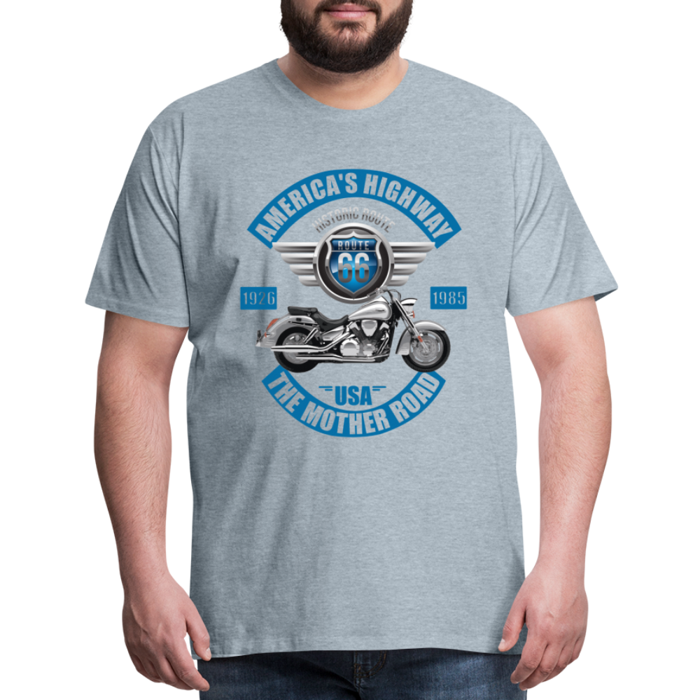 America's Road, Route 66 Shirt, Fathers Day Gift, Mother Road, Route 66 T-Shirt, Road Trip Shirt, Route 66 USA Motorcycle Biker Souvenir Tee - heather ice blue