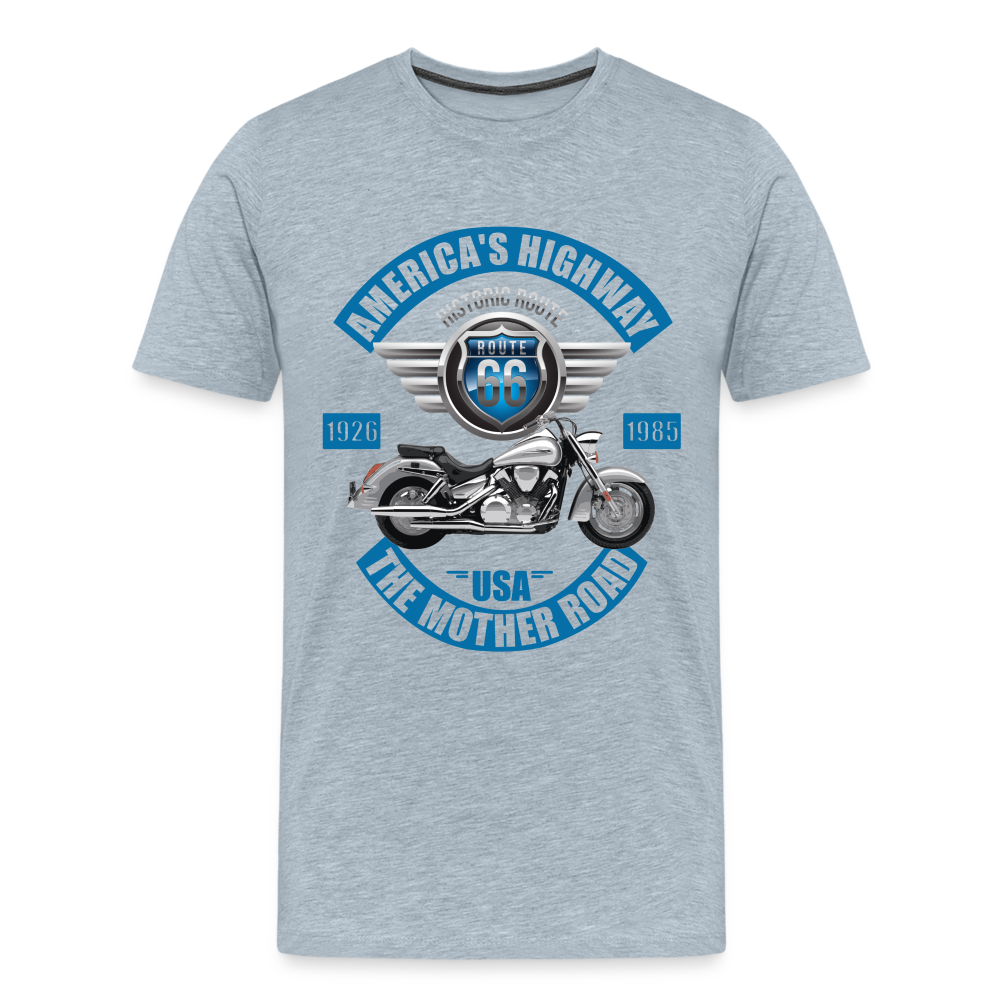 America's Road, Route 66 Shirt, Fathers Day Gift, Mother Road, Route 66 T-Shirt, Road Trip Shirt, Route 66 USA Motorcycle Biker Souvenir Tee - heather ice blue