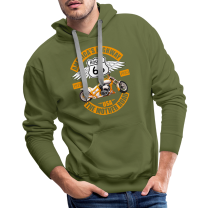 Route 66 Hoodie, Americas Road, Fathers Day Gift, Mother Road, Route 66 Hoodie, Road Trip Hoodie, Route 66 Usa Motorcycle Biker Souvenir Men’s Premium Hoodie - olive green
